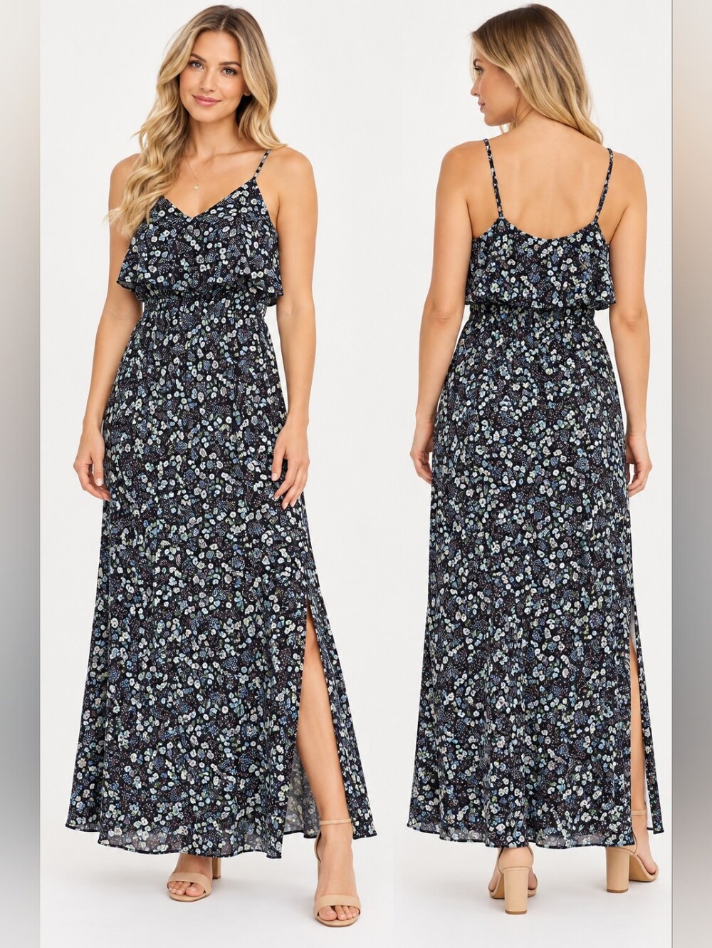 LC Lauren Conrad Navy Floral Ruffle Maxi Dress
